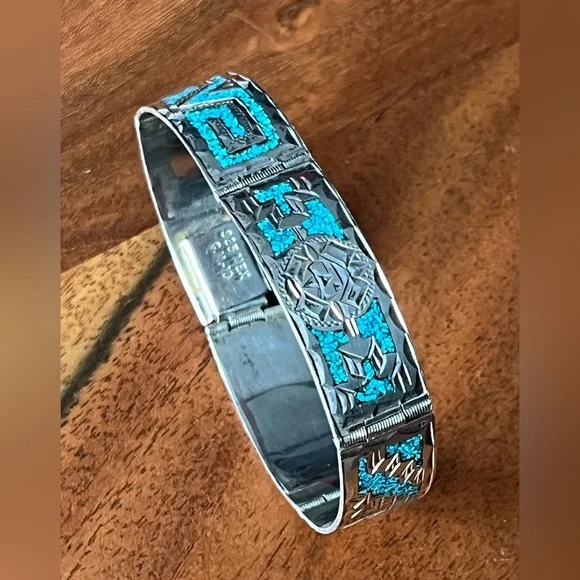 GM 10 MEXICO 925 STERLING SILVER TURQUOISE INLAY Hinge BRACELET 6.75” clasp 22g - Picture 4 of 16